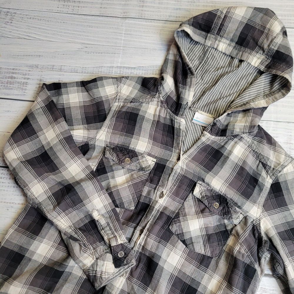 Columbia Womens Medium Plaid Hooded‎ Long Sleeve Button Up Roll Tab Sleeve Black